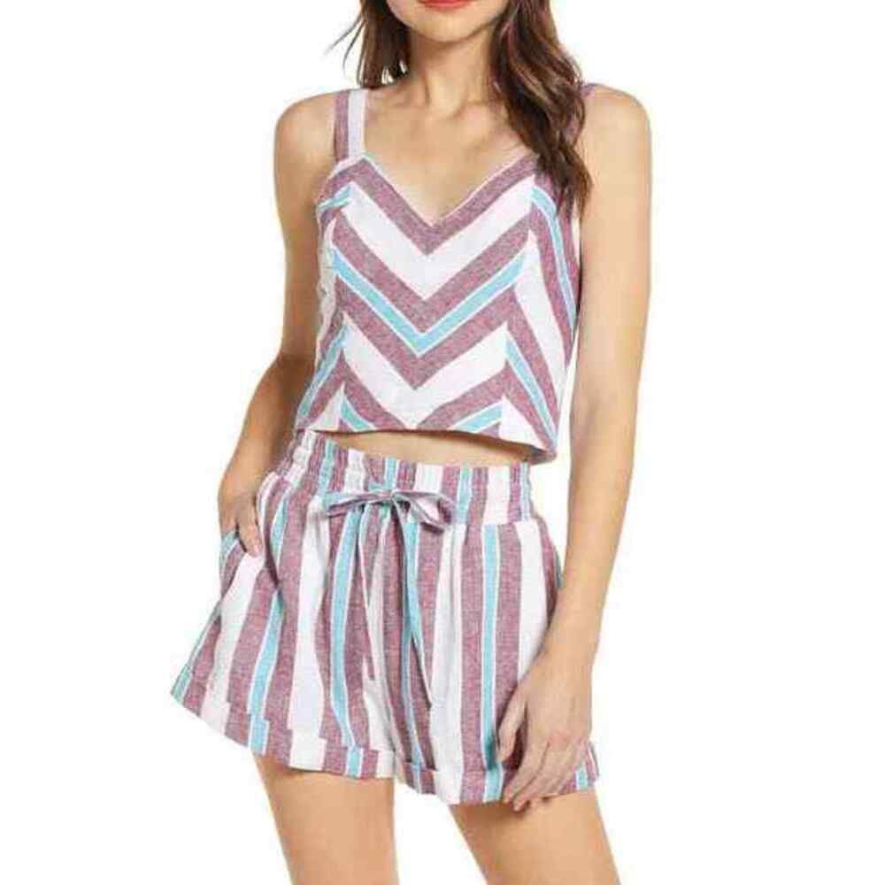 BP. Mitered Stripe Linen Blend Crop Tank Top Red Cordovan Vint Cali Size L NWT